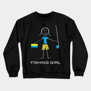 Funny Fishing Girl Illustrated Stick Girl Fisherwoman Crewneck Sweatshirt